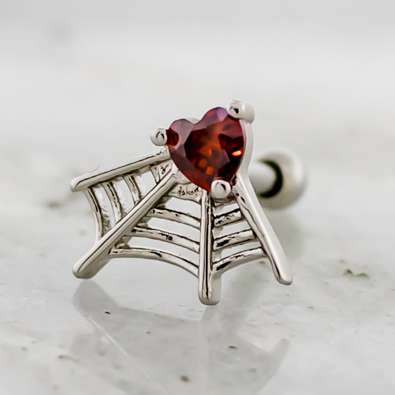 16G Spider Web Gem Heart Cartilage Barbell Red
