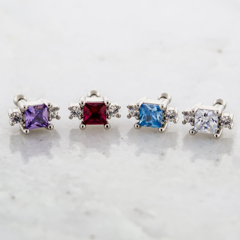 16G Square Gem with Round Gem Cartilage Barbell Clear