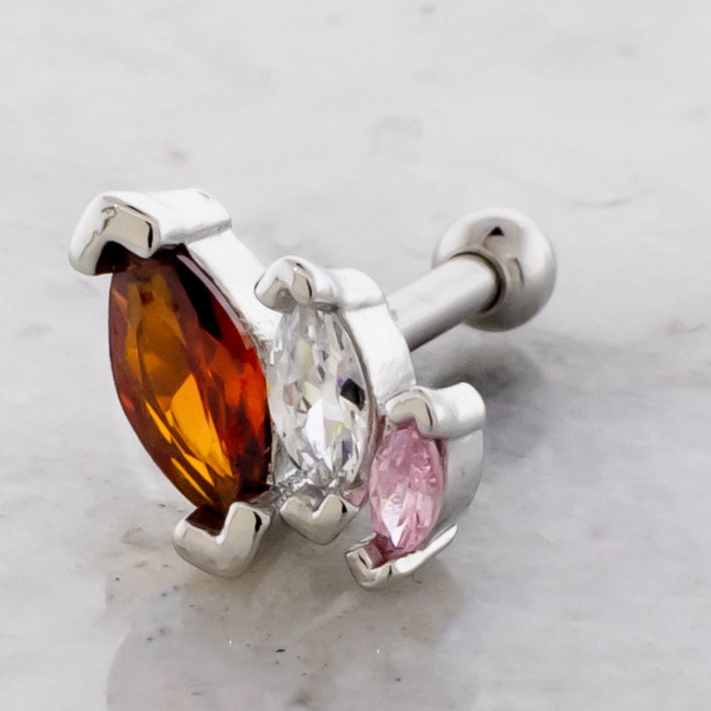 16G Triple Marquise Gem Cartilage Barbell Red/Clear/Pink