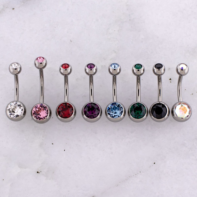 Steel Double Gem Navel Ring – Internally Threaded 14G (1.6mm) 10mm (3/8″) Light Rose