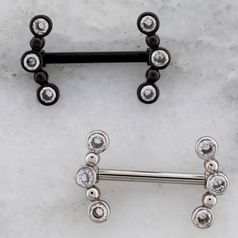 14G Beaded Crescent Gem Nipple Barbell Black
