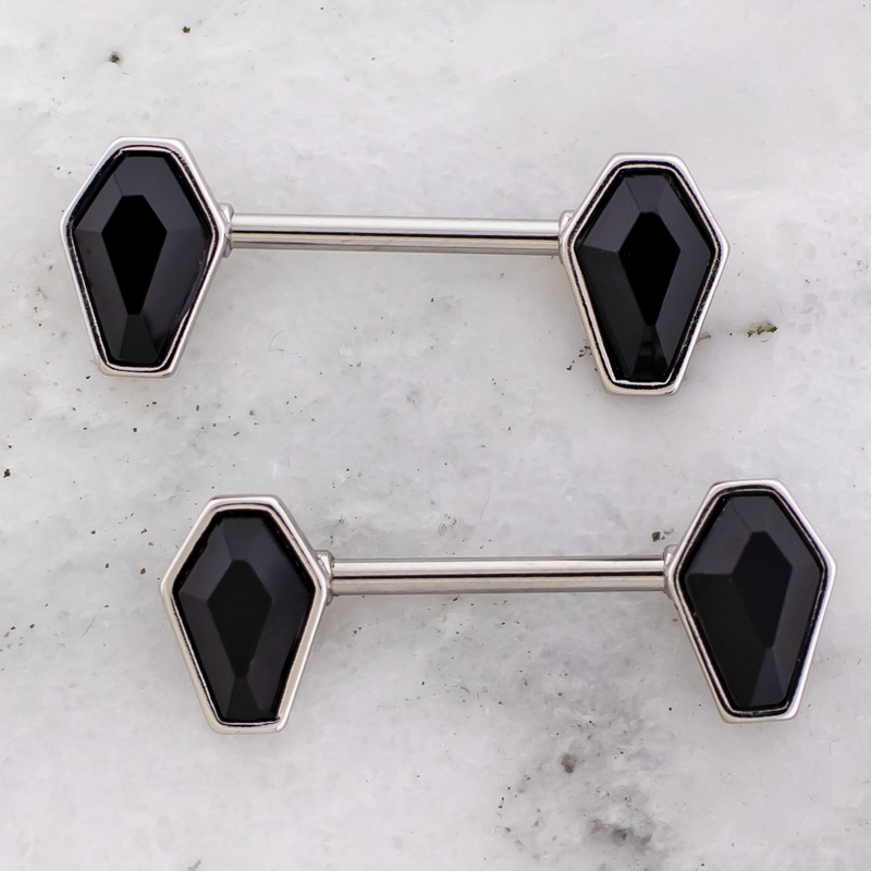 14G Black Coffin Gem Nipple Barbell Black