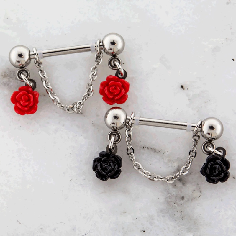 14G Chain Roses Nipple Barbell Black