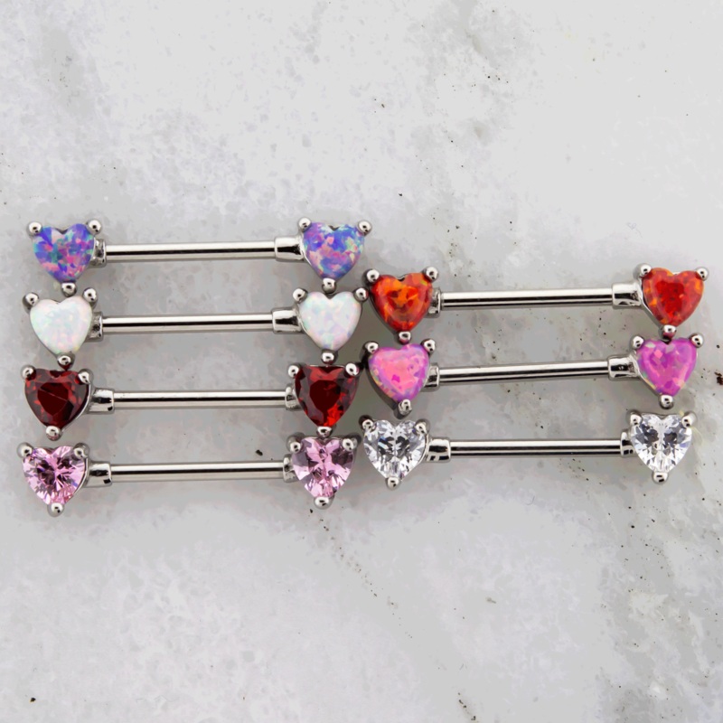 14G Gem or Opal Heart Nipple Barbell Clear Gem