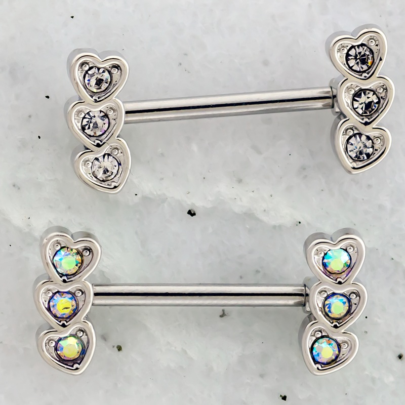 14G Triple Gem Heart Nipple Barbell Clear