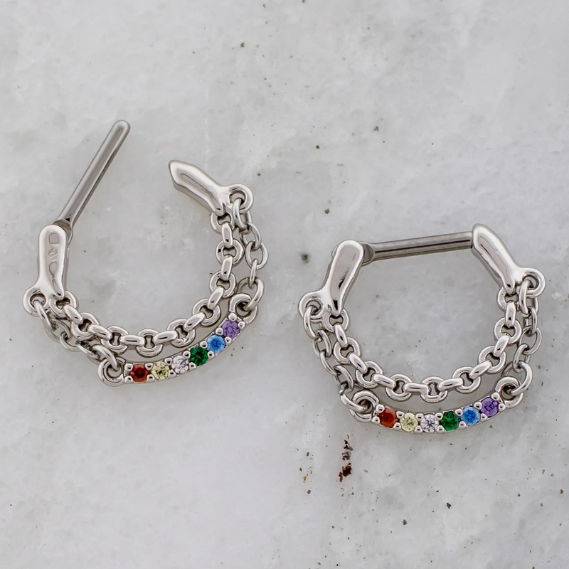 16G Septum Clicker w/ Chains And Rainbow Gems 8mm (5/16″)