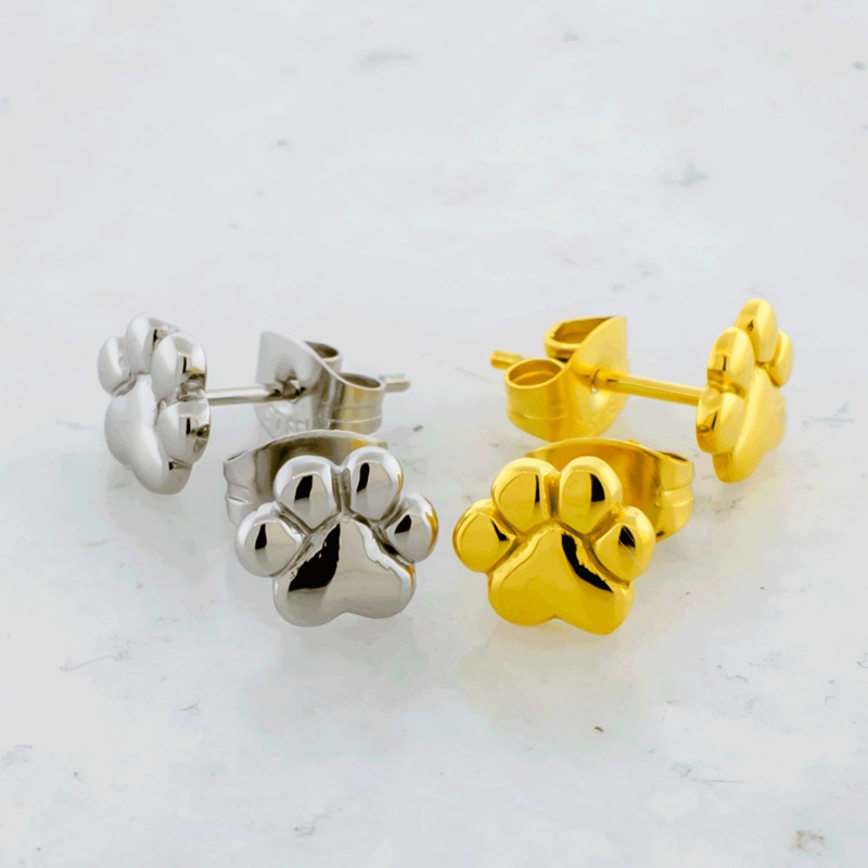Steel Pawprint Earring Studs High Polish
