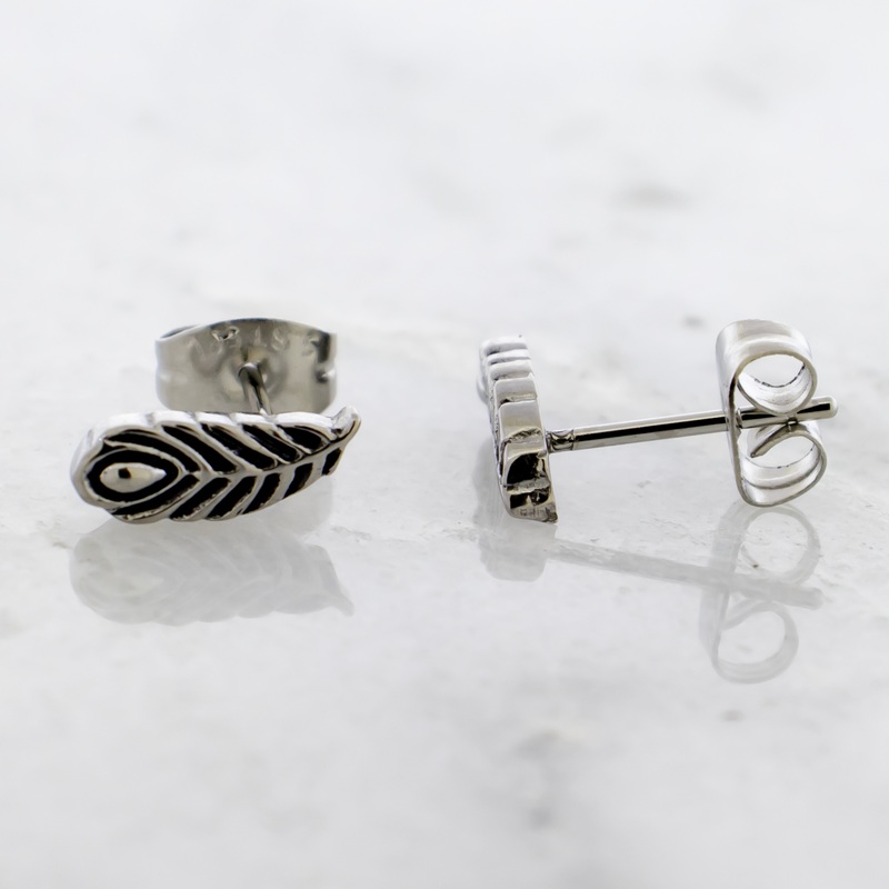 Steel Peacock Feather Earring Studs High Polish