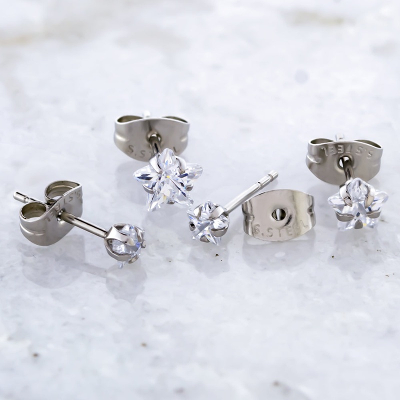 Steel Prong Set Star Gem Earring Studs 3mm