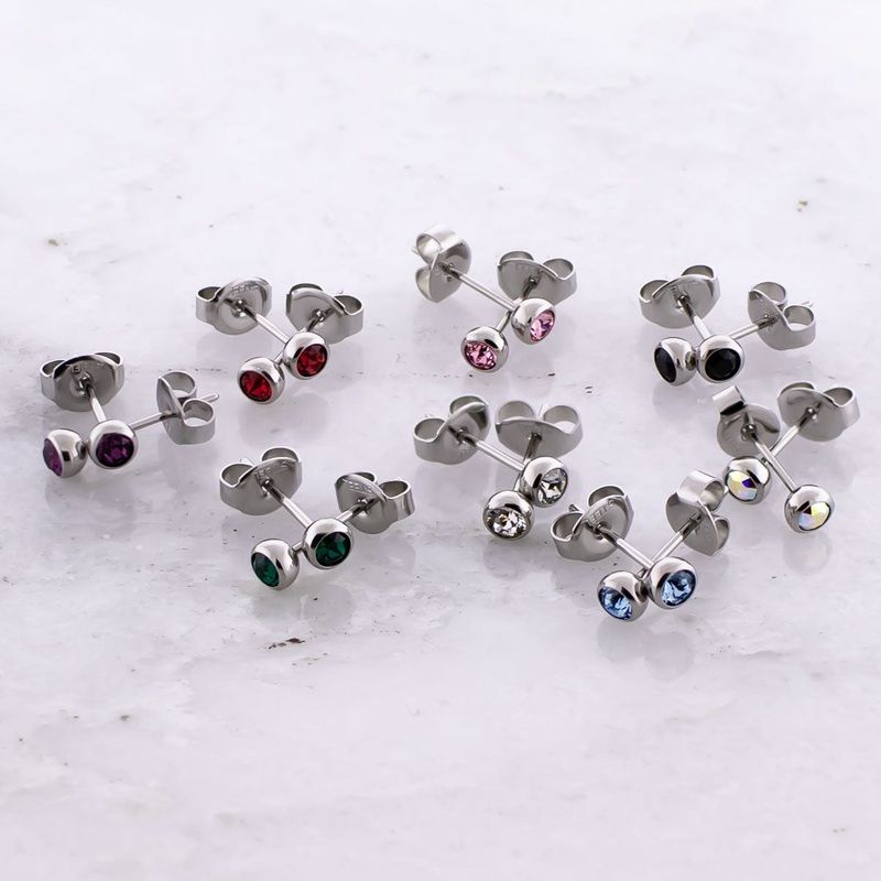 Steel Round Bezel Set Gem Earring Studs 2.5mm Crystal