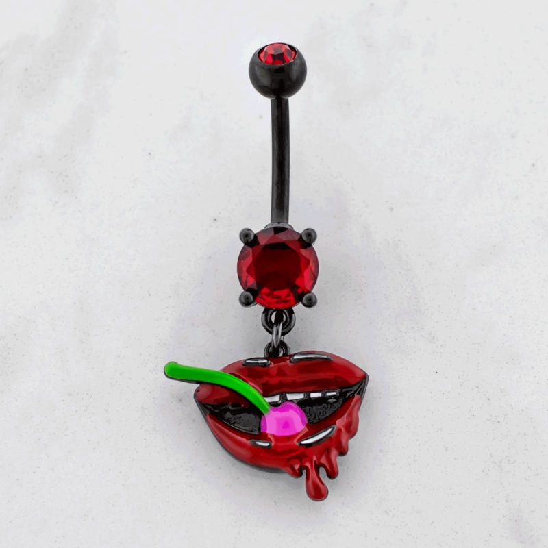 14G Black PVD Lips with Cherry Navel Ring Black PVD