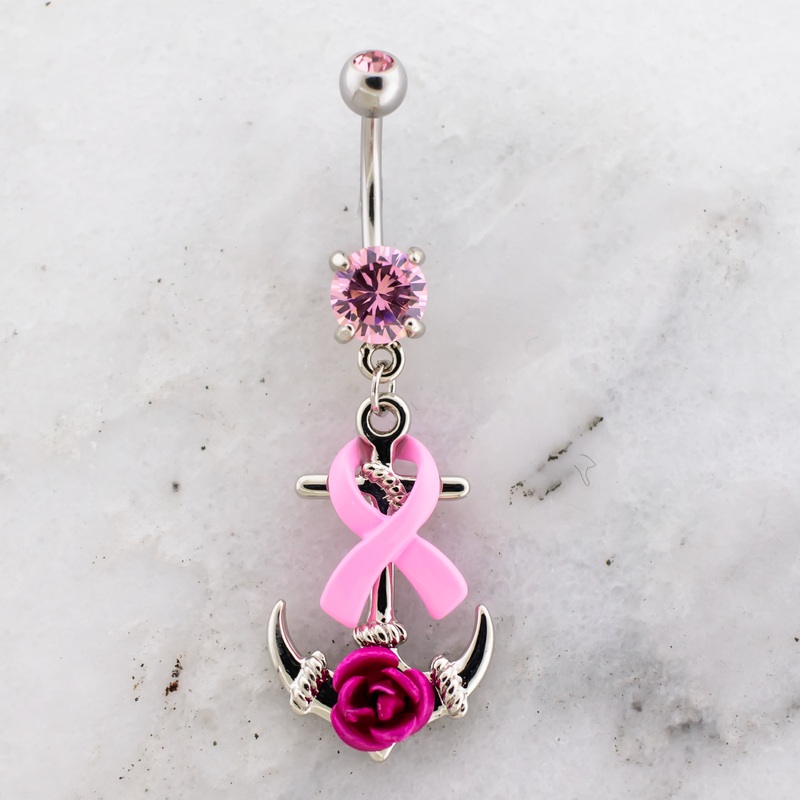 14G Breast Cancer Awareness Anchor Navel Ring Pink