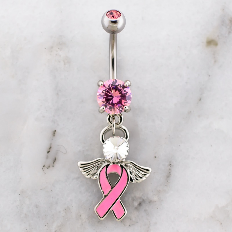 14G Breast Cancer Awareness Angel Navel Ring Pink