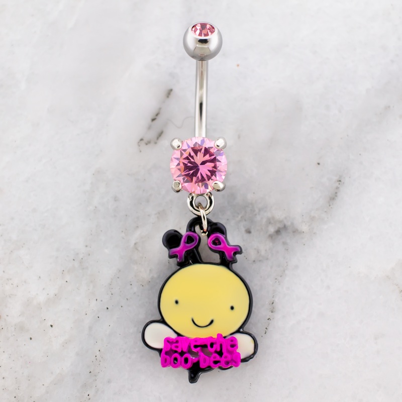 14G Breast Cancer Awareness Bee Ribbon Navel Ring Pink