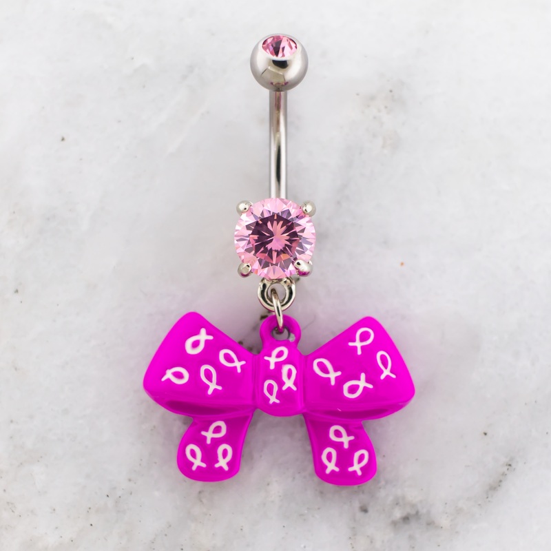 14G Breast Cancer Awareness Bow With Ribbons Navel Ring Pink
