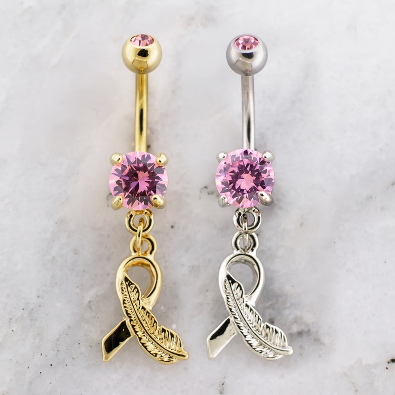 14G Breast Cancer Awareness Feather Ribbon Navel Ring High Polish