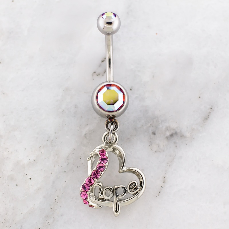 14G Breast Cancer Awareness Hope Heart Navel Ring Aurora Borealis