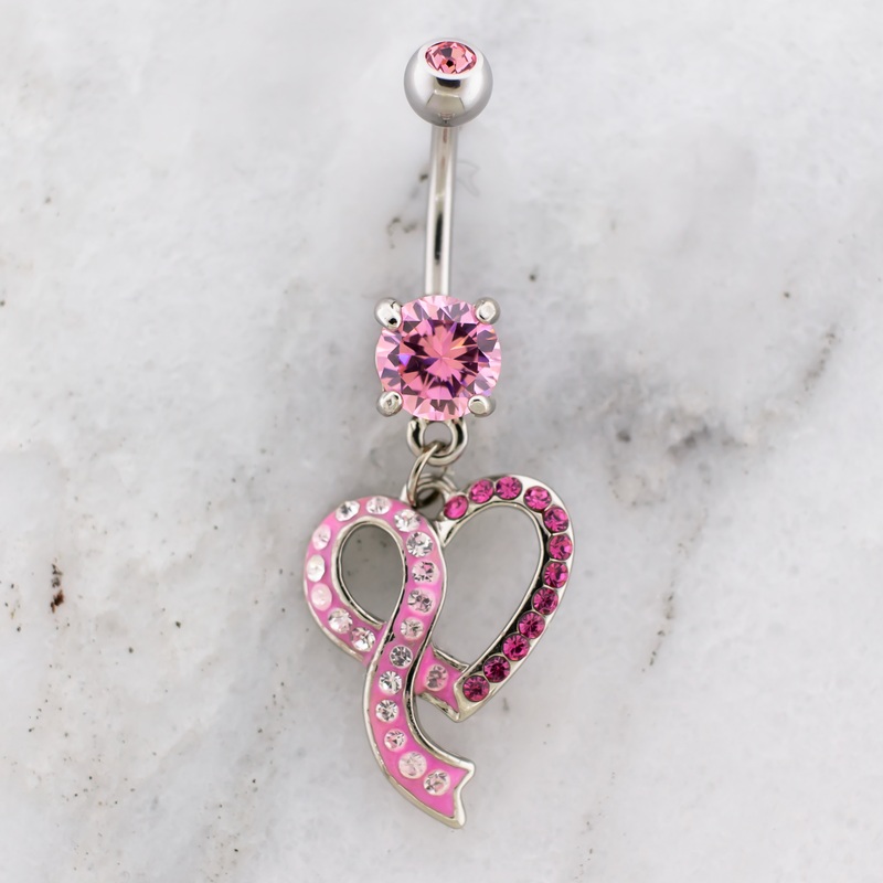 14G Breast Cancer Awareness Pave Heart Ribbon Navel Ring Pink