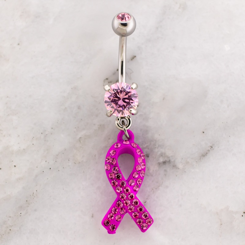 14G Breast Cancer Awareness Pave Pink Ribbon Navel Ring Pink