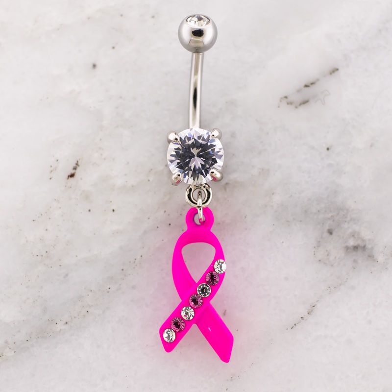 14G Breast Cancer Awareness Pave Ribbon Navel Ring Pink
