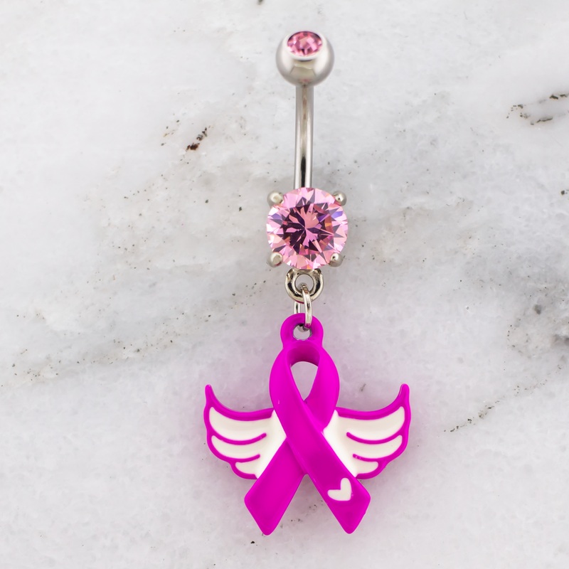 14G Breast Cancer Awareness Ribbon and Wings Navel Ring Pink