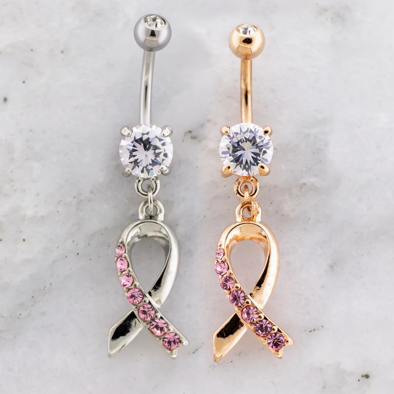 14G Breast Cancer Awareness Ribbon Gem Navel Ring High Polish