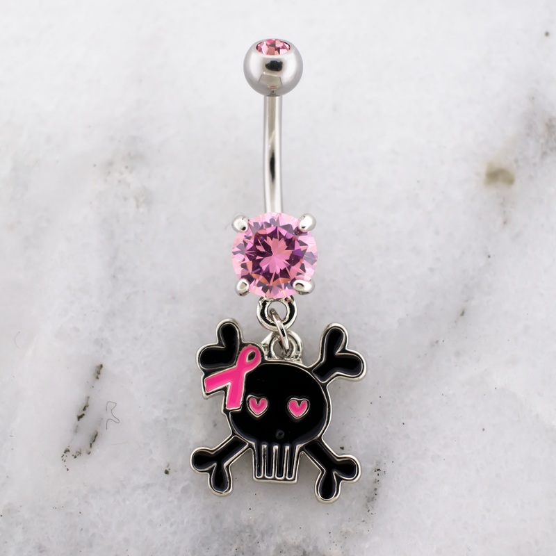 14G Breast Cancer Awareness Skull Ribbon Navel Ring Pink