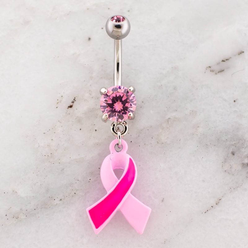 14G Breast Cancer Awareness Two Toned Ribbon Navel Ring Pink