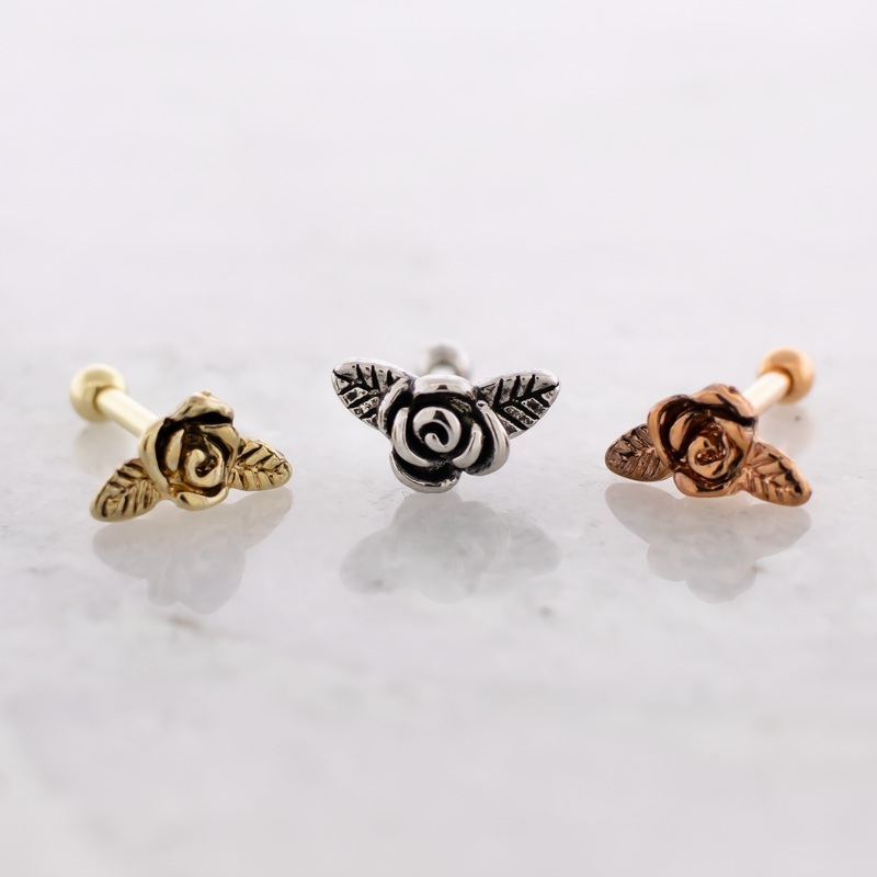 16G Rose With Leaves Cartilage Barbell High Polish