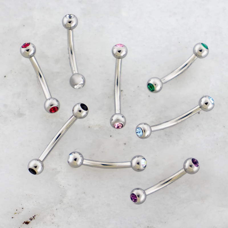 16G Steel Bezel Set Premium Crystal Curved Barbell 16G (1.2mm) 8mm (5/16″) Crystal