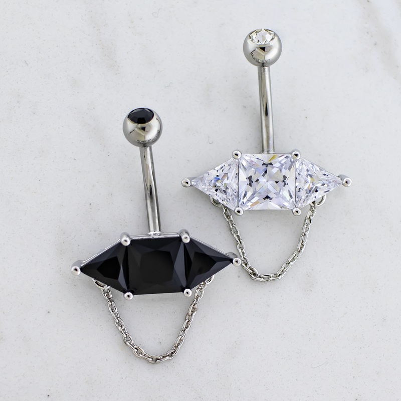 14G Baguette w/ Chain Navel Barbell 14G (1.6mm) 3/8″ (10mm) Jet Black