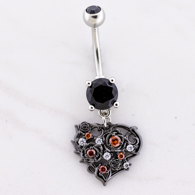 14G Black Heart Gem Navel Ring Red