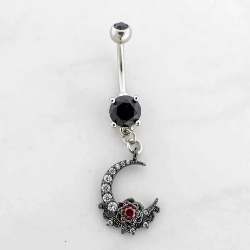 14G Black Moon Rose Navel Ring Red