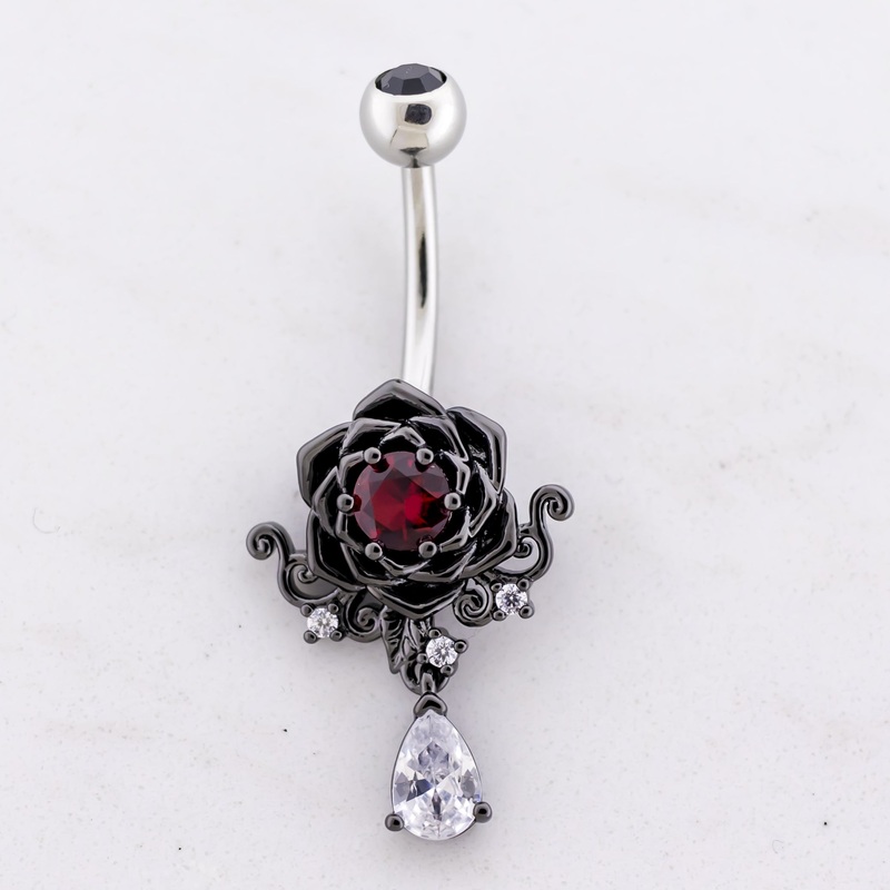 14G Black Rose Gem Navel Ring Red