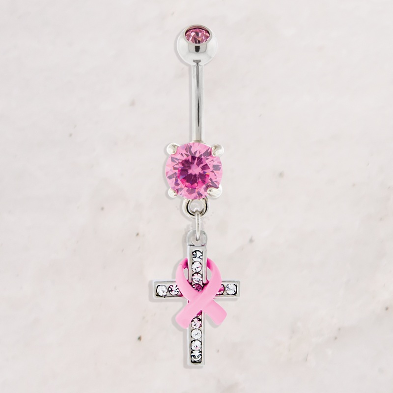 14G Breast Cancer Awareness Pave Cross Navel Ring Pink