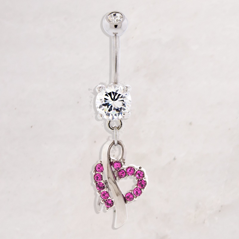14G Breast Cancer Awareness Pave Heart Ribbon Navel Ring Clear