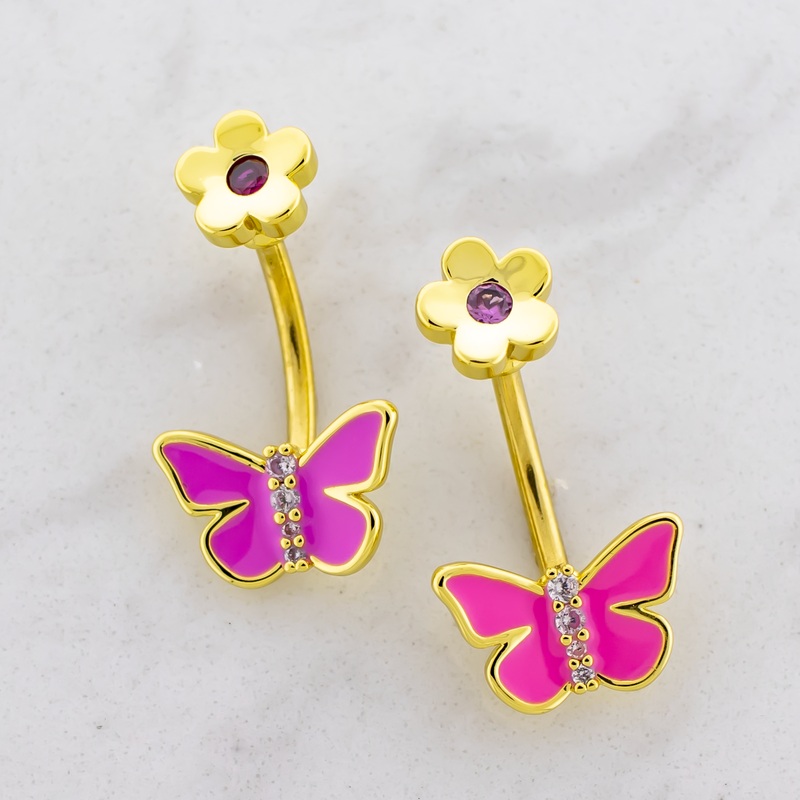 14G Butterfly with Flower Top Navel Ring Pink