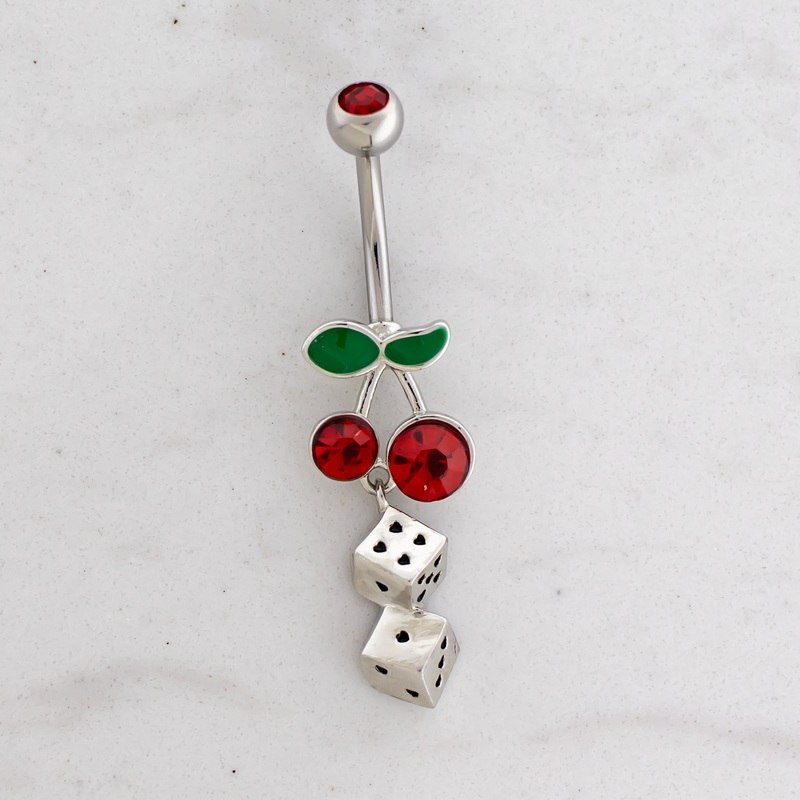 14G Cherry With Heart Dice Navel Ring 14G (1.6mm) 3/8″ (10mm) Red