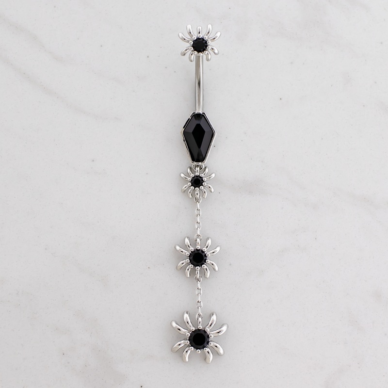 14G Coffin w/ Spider Dangle Navel Barbell 14G (1.6mm) 3/8″ (10mm) Jet Black