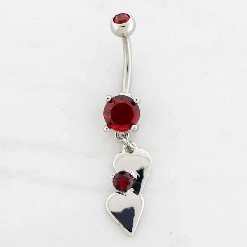 14G Double Heart Navel Ring Red