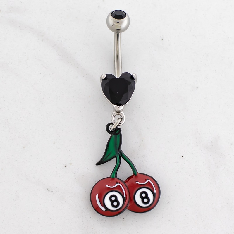 14G Eight Ball Cherries Navel Ring 14G (1.6mm) 3/8″ (10mm) Jet Black