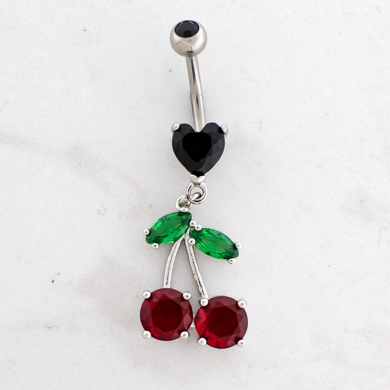 14G Gem Cherry Black Heart Navel Ring 14G (1.2mm) 3/8″ (10mm) Jet Black