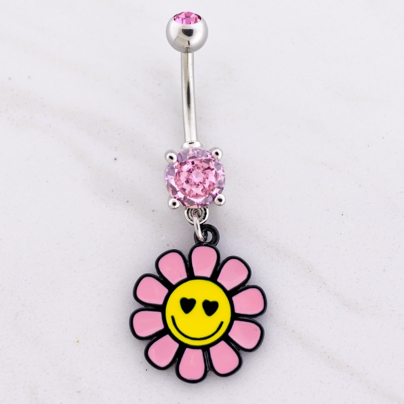 14G Happy Face Flower Navel Ring Pink