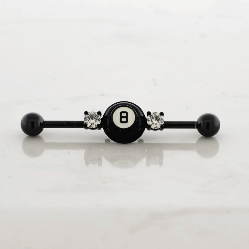 14G Industrial Barbell – Black Eight Ball Black PVD