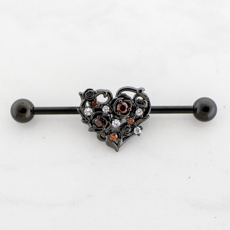 14G Industrial Barbell – Black Gem Heart Black PVD