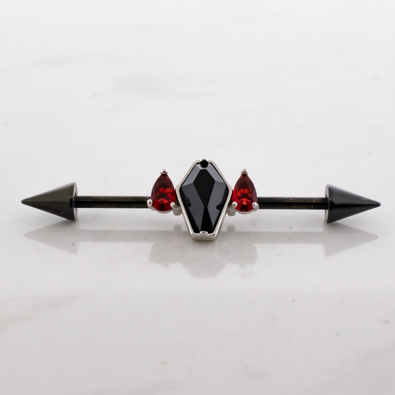 14G Industrial Barbell – Coffin With Teardrop Gems Black