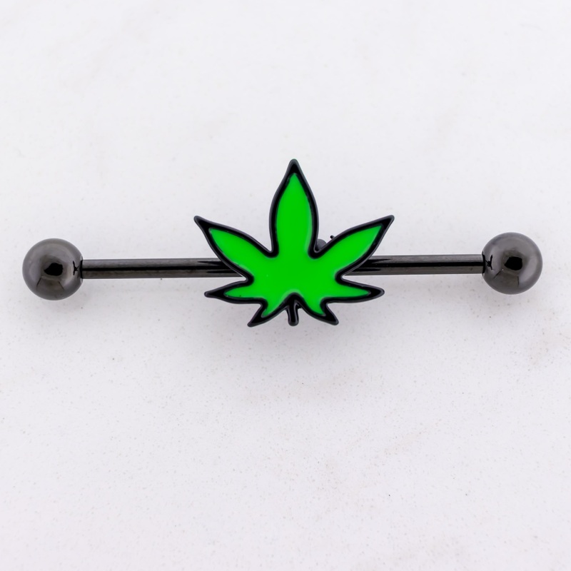 14G Industrial Barbell – Green Pot Leaf Black PVD