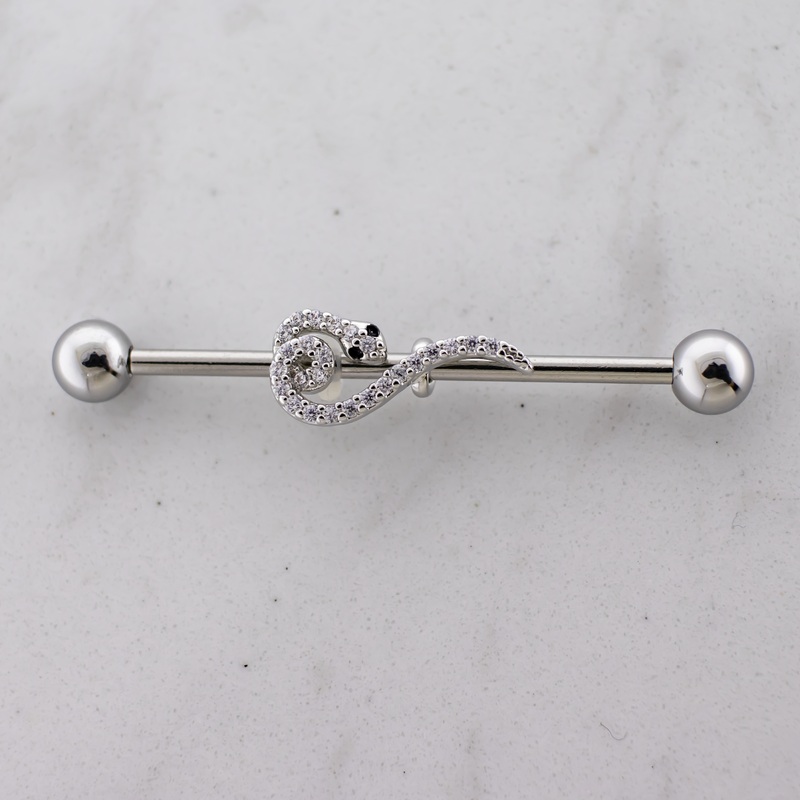 14G Industrial Barbell – Pave Snake Clear