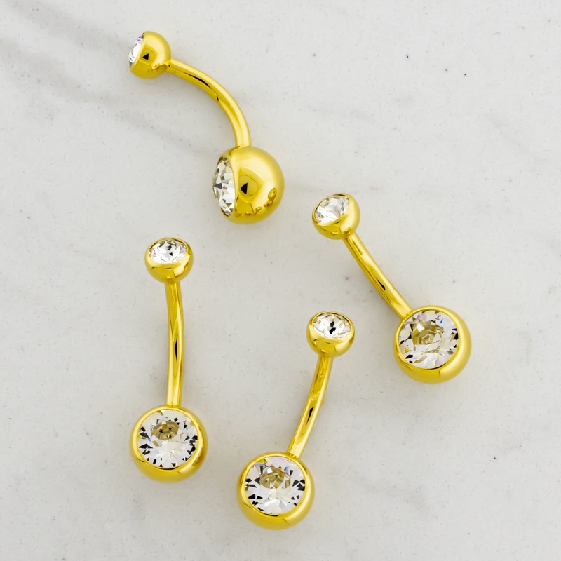 Steel Internally Threaded Double Gem Navel Ring W/ Gold PVD 14G (1.6mm) 3/8″ (10mm) 5mm x 8mm