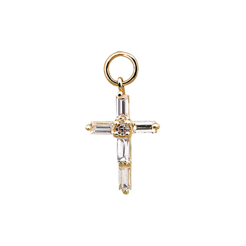 14 Real Solid Gold Minimalist Modern Trendy Dangle Boho Cz Cross Hoop Earring Charm 14K Yellow Gold